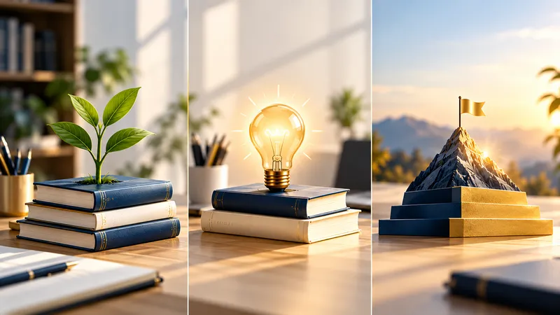 اینفوگرافیک مفهومی مراحل رشد با مطالعه کتاب‌های توسعه فردی: نماد گیاه برای رشد، لامپ برای ایده‌پردازی، و قله کوه برای دستیابی به اهداف