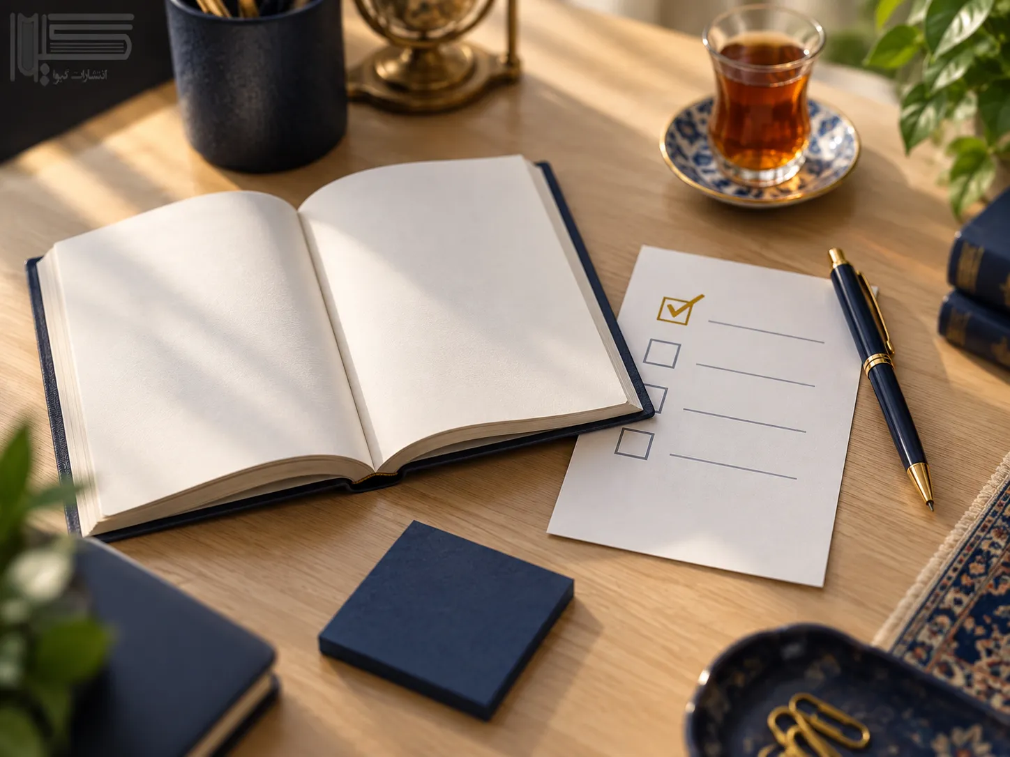 کتاب باز، برگه یادداشت و چک لیست روی میز برای اجرای یک اقدام عملی پس از مطالعه