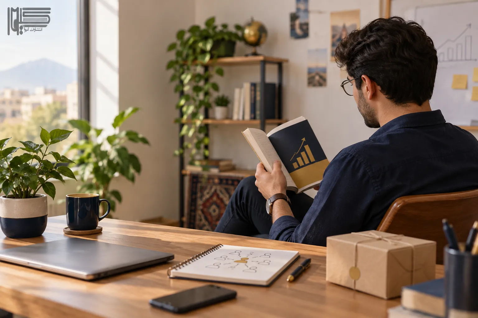 کارآفرین در حال مطالعه کتاب بازاریابی برای راه اندازی کسب و کار و شناخت مشتری