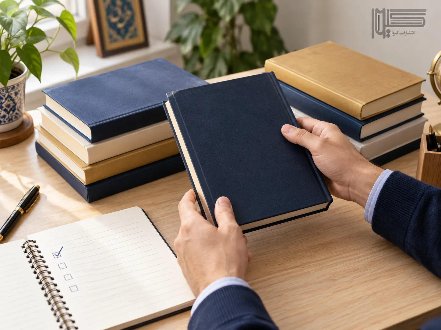 مقایسه و انتخاب کتاب کسب و کار بر اساس نیاز فعلی؛ دو دسته کتاب و دفترچه یادداشت روی میز