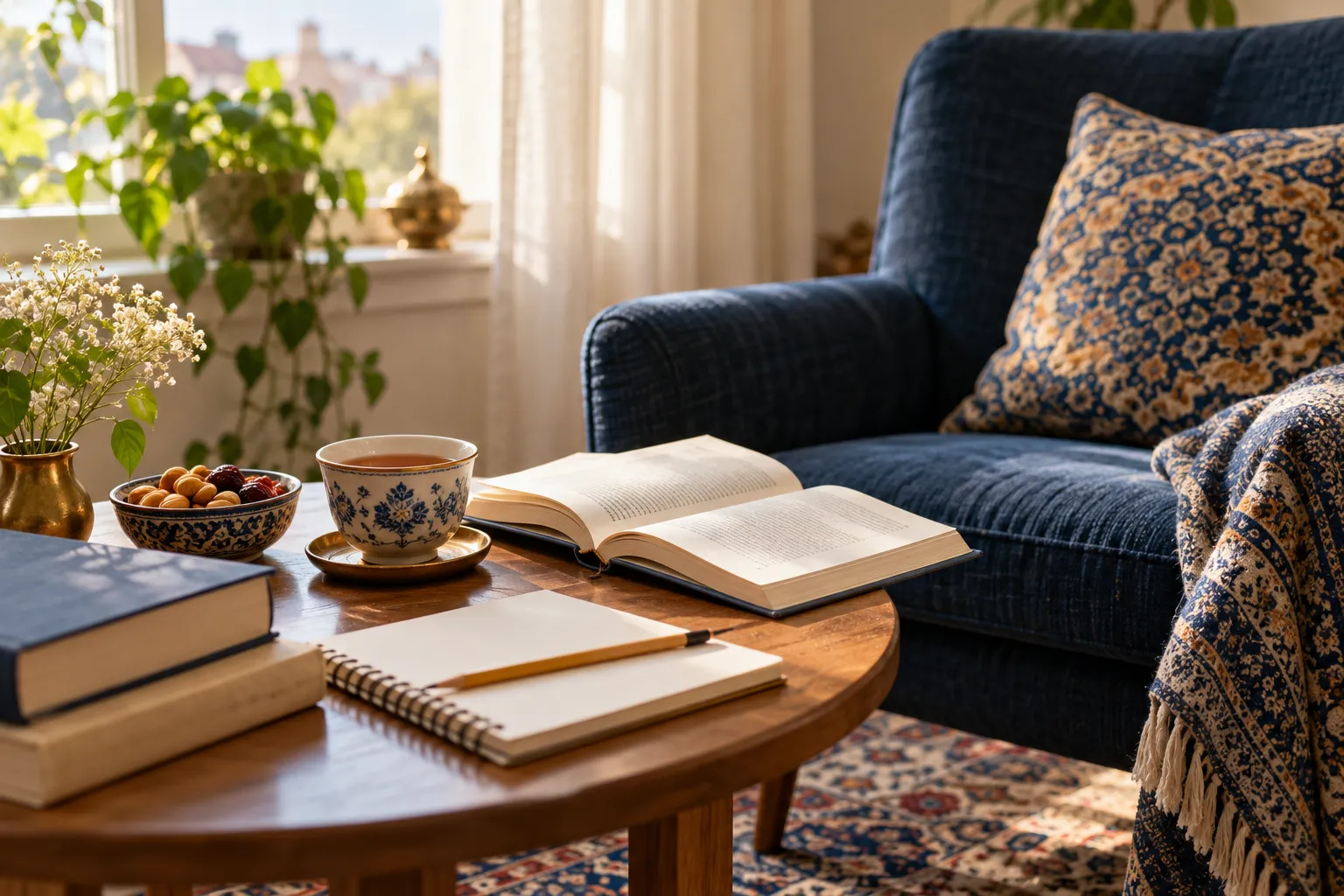 گوشه مطالعه آرام با کتاب باز و چای برای شروع کشف ژانر مورد علاقه