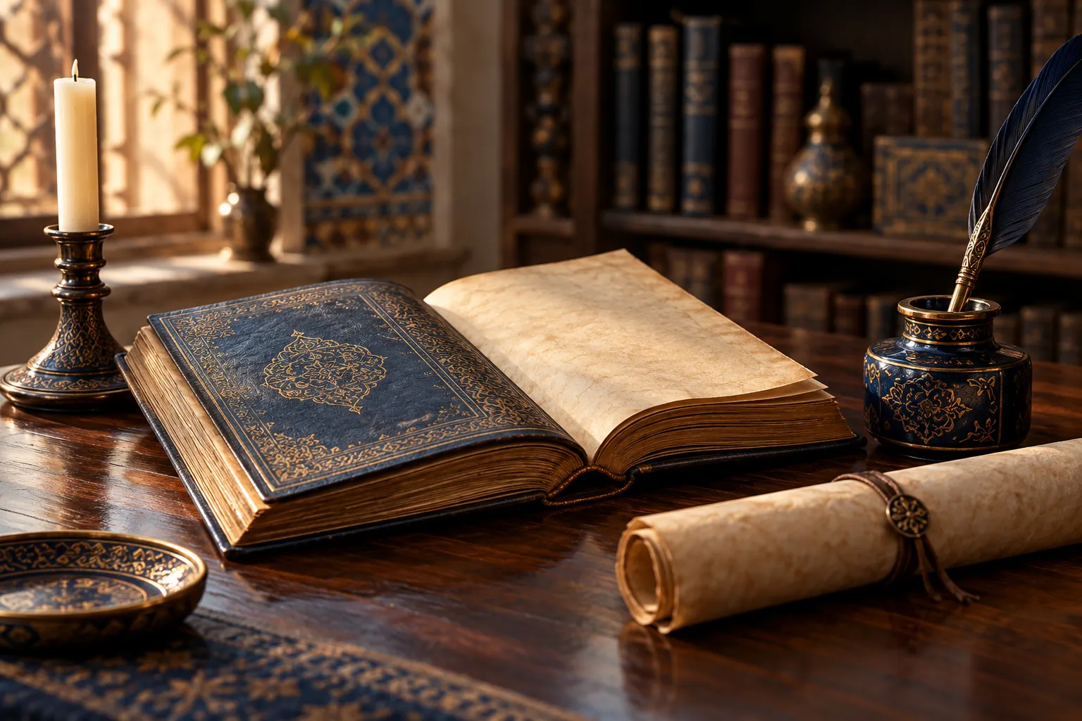 کتاب قدیمی و طومار روی میز چوبی برای معرفی ژانر تاریخی و رمان تاریخی