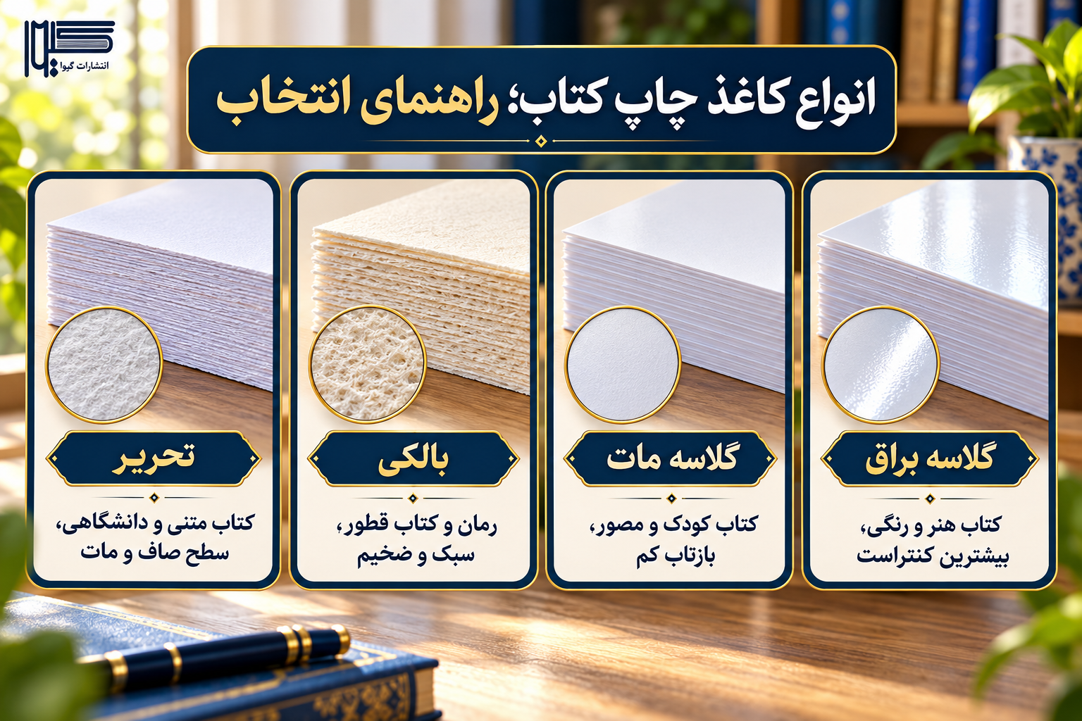اینفوگرافیک مقایسه سریع انواع کاغذ چاپ کتاب: تحریر، بالکی، گلاسه مات و گلاسه براق