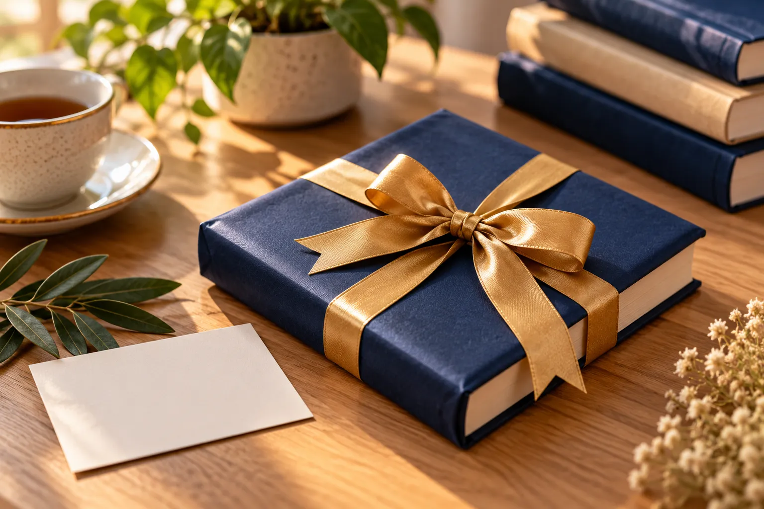 کتاب کم‌حجم هدیه‌شده با کاغذ کادو ساده و روبان طلایی روی میز روشن